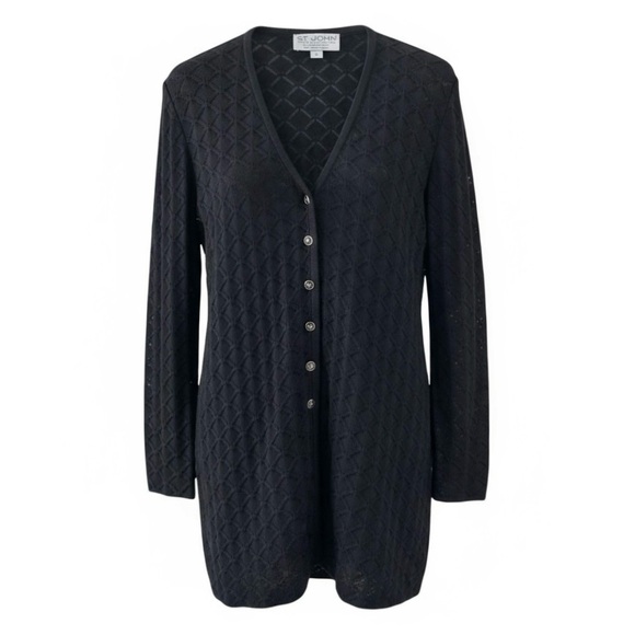St. John Black Button Down Long Sleeve Pointelle Knit Cardigan Sweater Size 6 - Picture 9 of 9